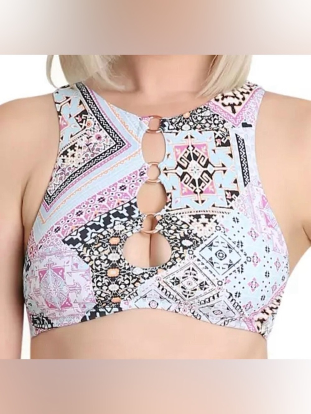 Nanette Lepore swim bikini top lace-up blue ring high neck printed tie new 4